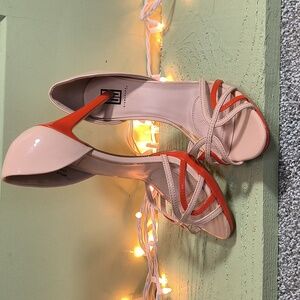 Women's Signature Open Toe Beige Nude and Orange 4½" Stilettos